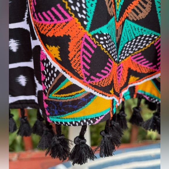 TRINA TURK  Abstract Halter Dress- Size M - Great Colors -Fringe around bottom- - Picture 5 of 6